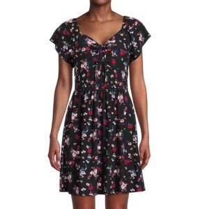 Black with Pink and Red Floral Print Smocked Waist Dress